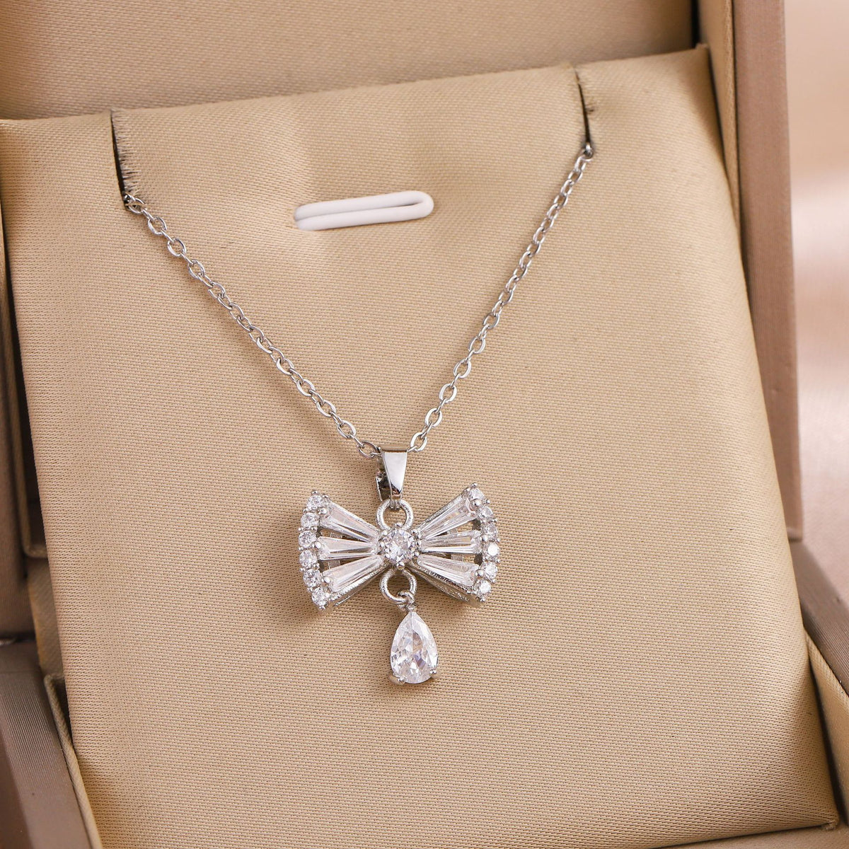 Bow Drop Crystal Pendant Necklace