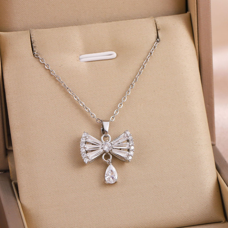 Bow Drop Crystal Pendant Necklace