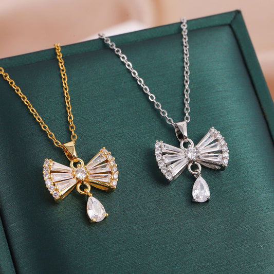 Bow Drop Crystal Pendant Necklace