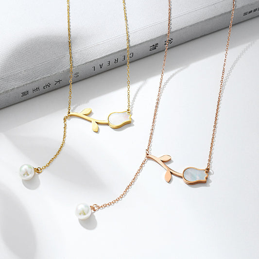 Rose Pearl Stem Pendant Necklace