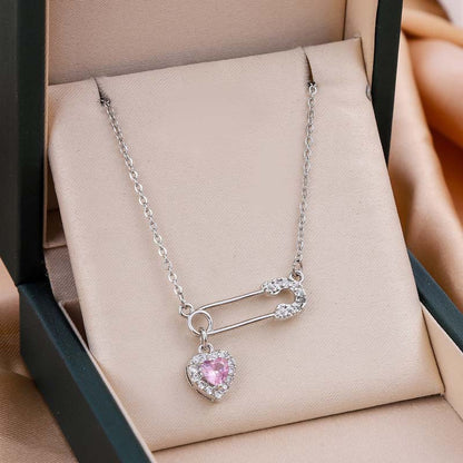 Crystal Inlaid Safety Pin & Heart Pendant