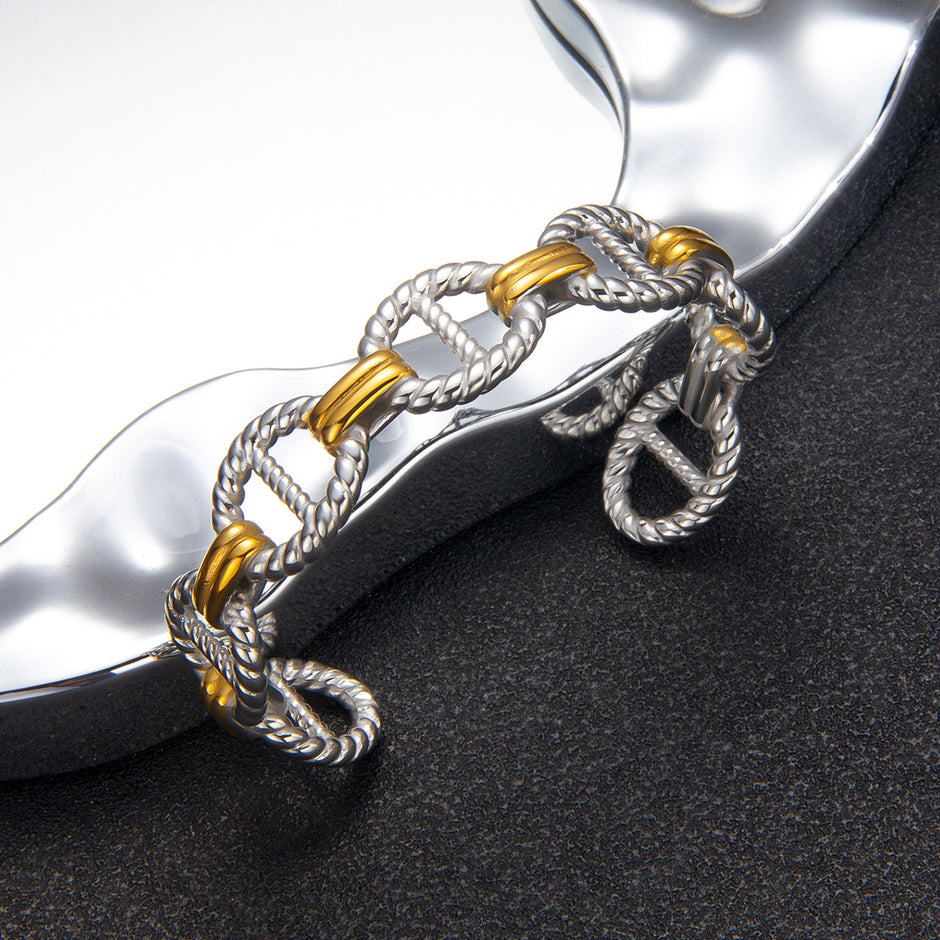 Nautical Link Dual Tone Silver and Gold Open Cuff Bracelet