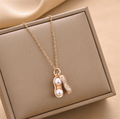 Zircon Crystal & Shell Pearl Peanut Charm Necklace