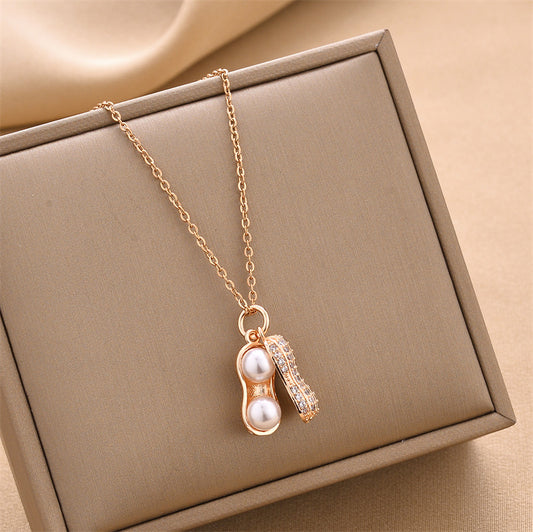 Zircon Crystal & Shell Pearl Peanut Charm Necklace
