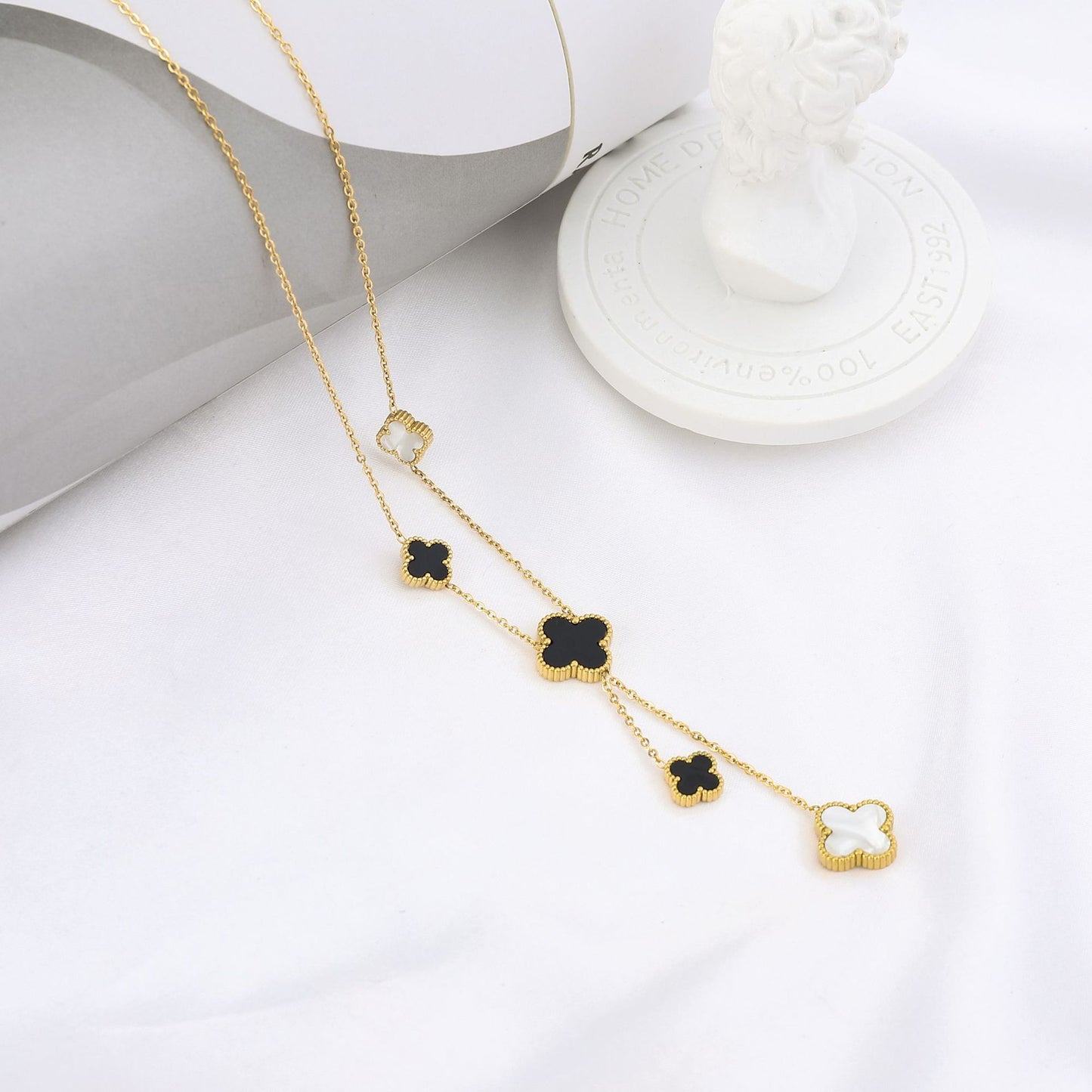 Double Layer Clover Drop Necklace in Gold
