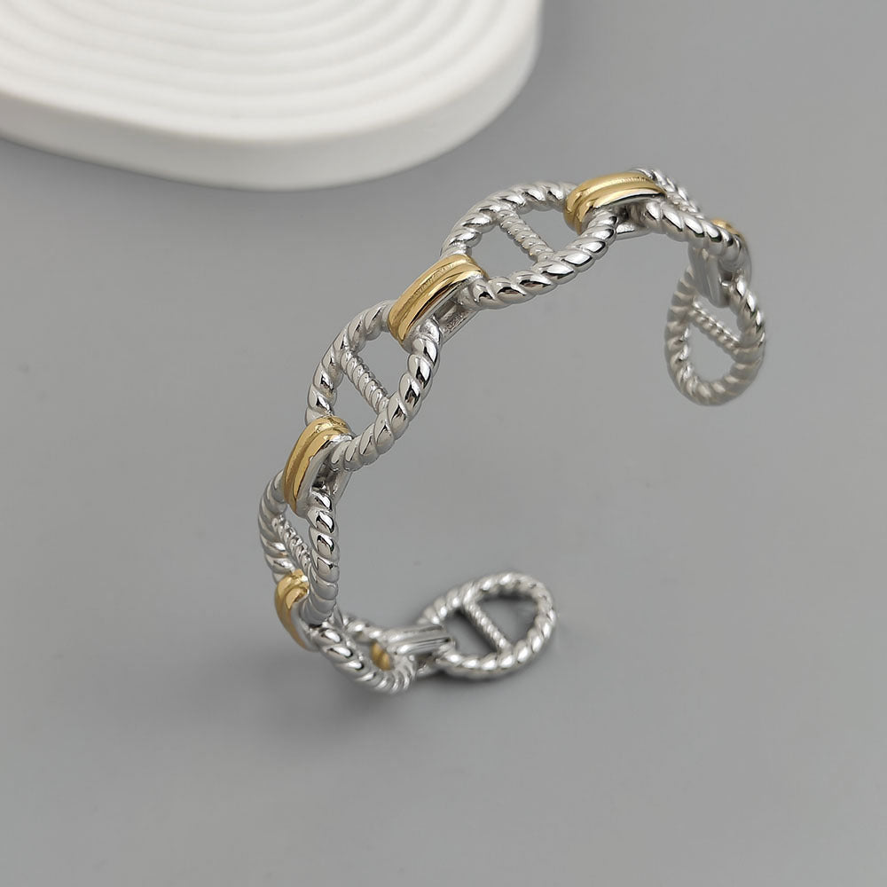 Nautical Link Dual Tone Silver and Gold Open Cuff Bracelet