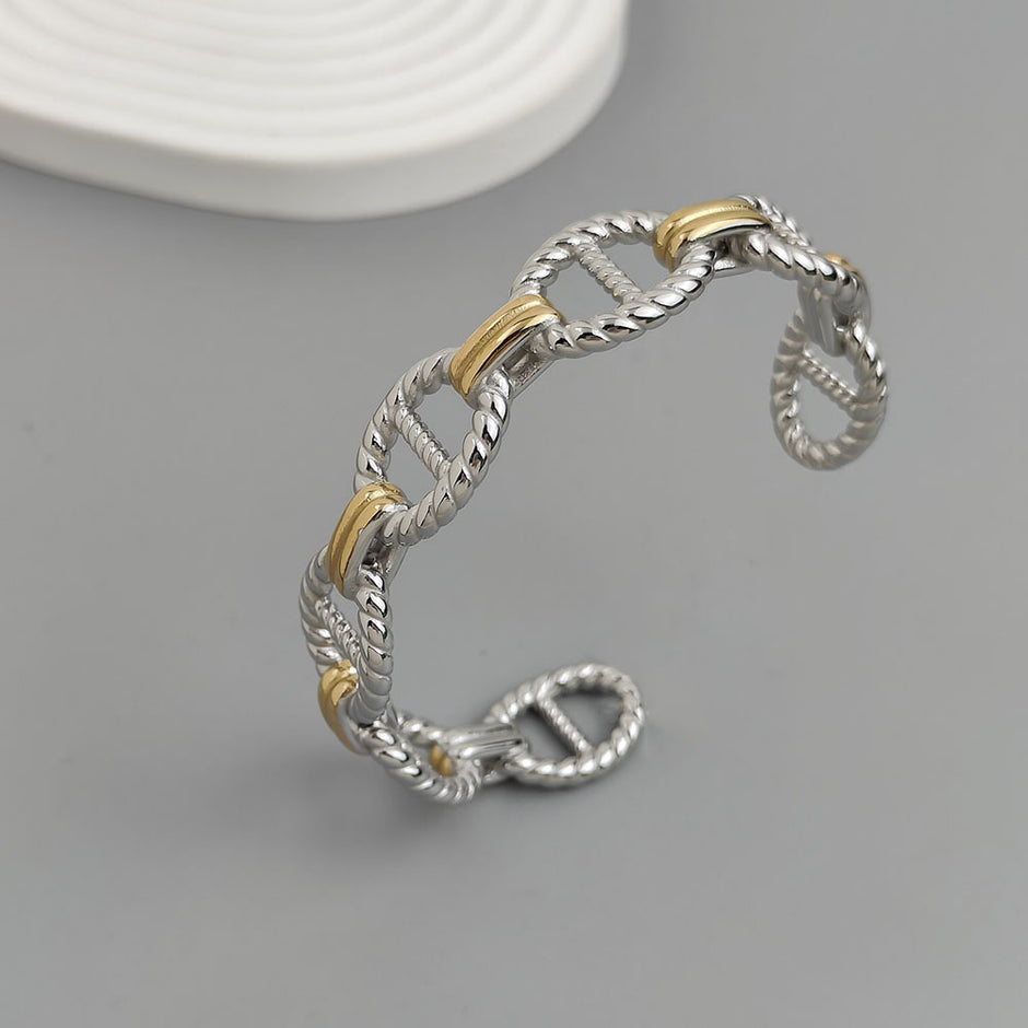 Nautical Link Dual Tone Silver and Gold Open Cuff Bracelet
