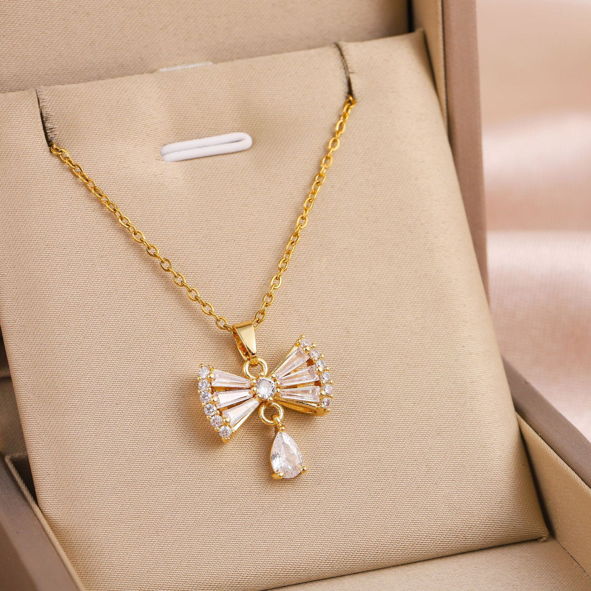 Bow Drop Crystal Pendant Necklace