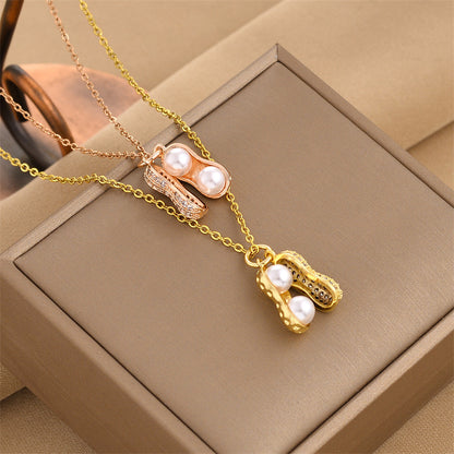 Zircon Crystal & Shell Pearl Peanut Charm Necklace