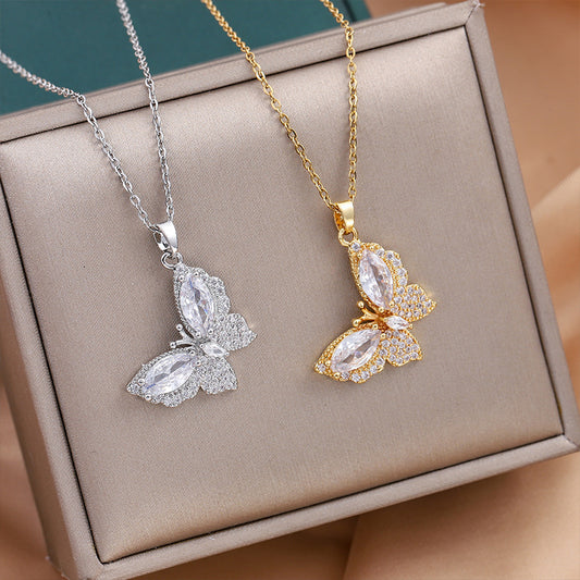 Zircon studded Butterfly Pendant  Necklace