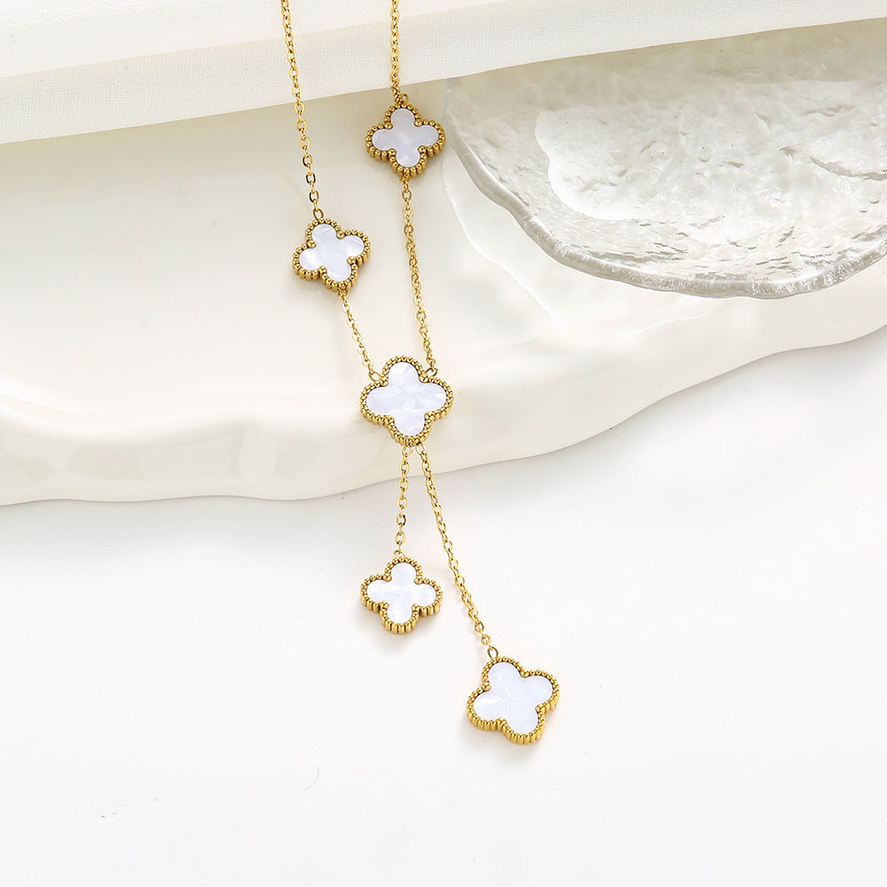 Double Layer Clover Drop Necklace in Gold