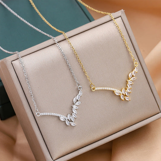 CZ Leaf Arc Pendant Necklace