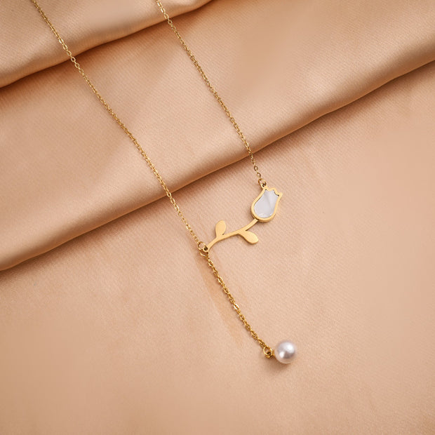 Rose Pearl Stem Pendant Necklace