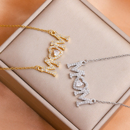 Dainty Pave MOM Script Necklace