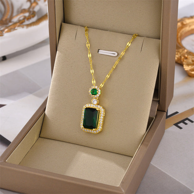 Emerald Frame Zircon Pendant Necklace