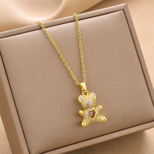 Teddy Heart Zircon Pendant Necklace