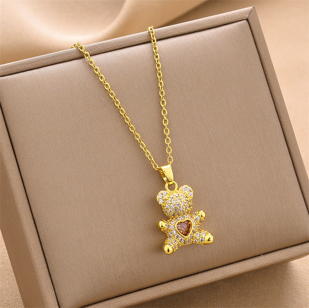 Teddy Heart Zircon Pendant Necklace
