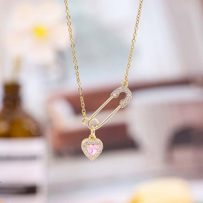 Crystal Inlaid Safety Pin & Heart Pendant