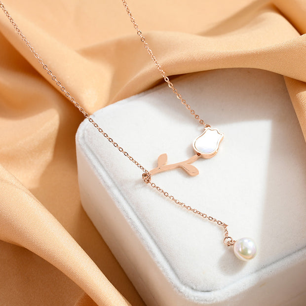 Rose Pearl Stem Pendant Necklace