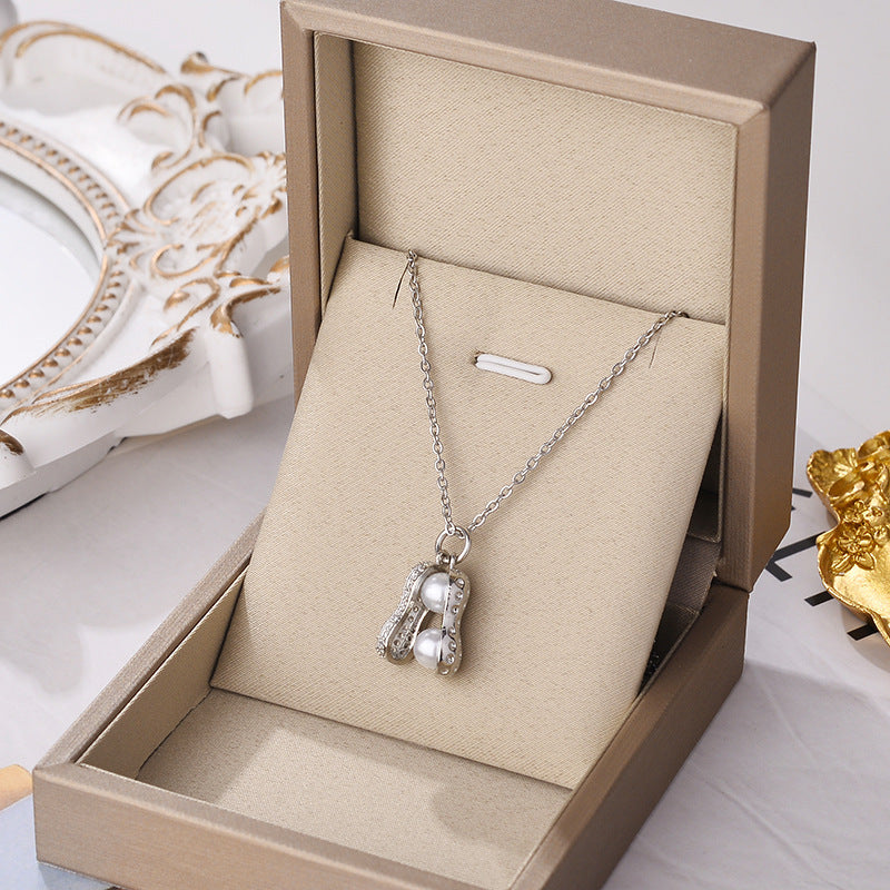 Zircon Crystal & Shell Pearl Peanut Charm Necklace