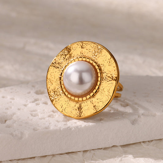 Artisanal Hammered Disc & Pearl Statement Ring