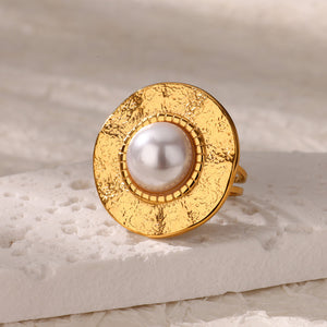 Artisanal Hammered Disc & Pearl Statement Ring