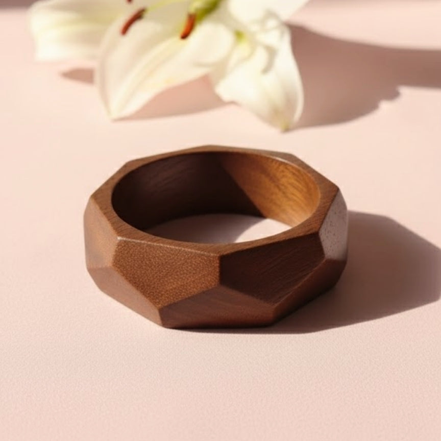 Hand-Carved Multi-Faceted Wooden Statement Bangle