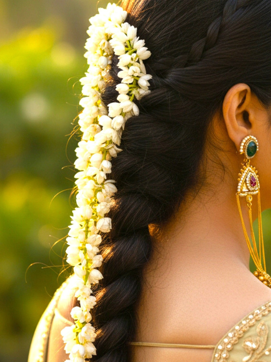 Gold-plated kundan chandbali earring worn by a woman with jasmine-adorned braid and gold saree blouse