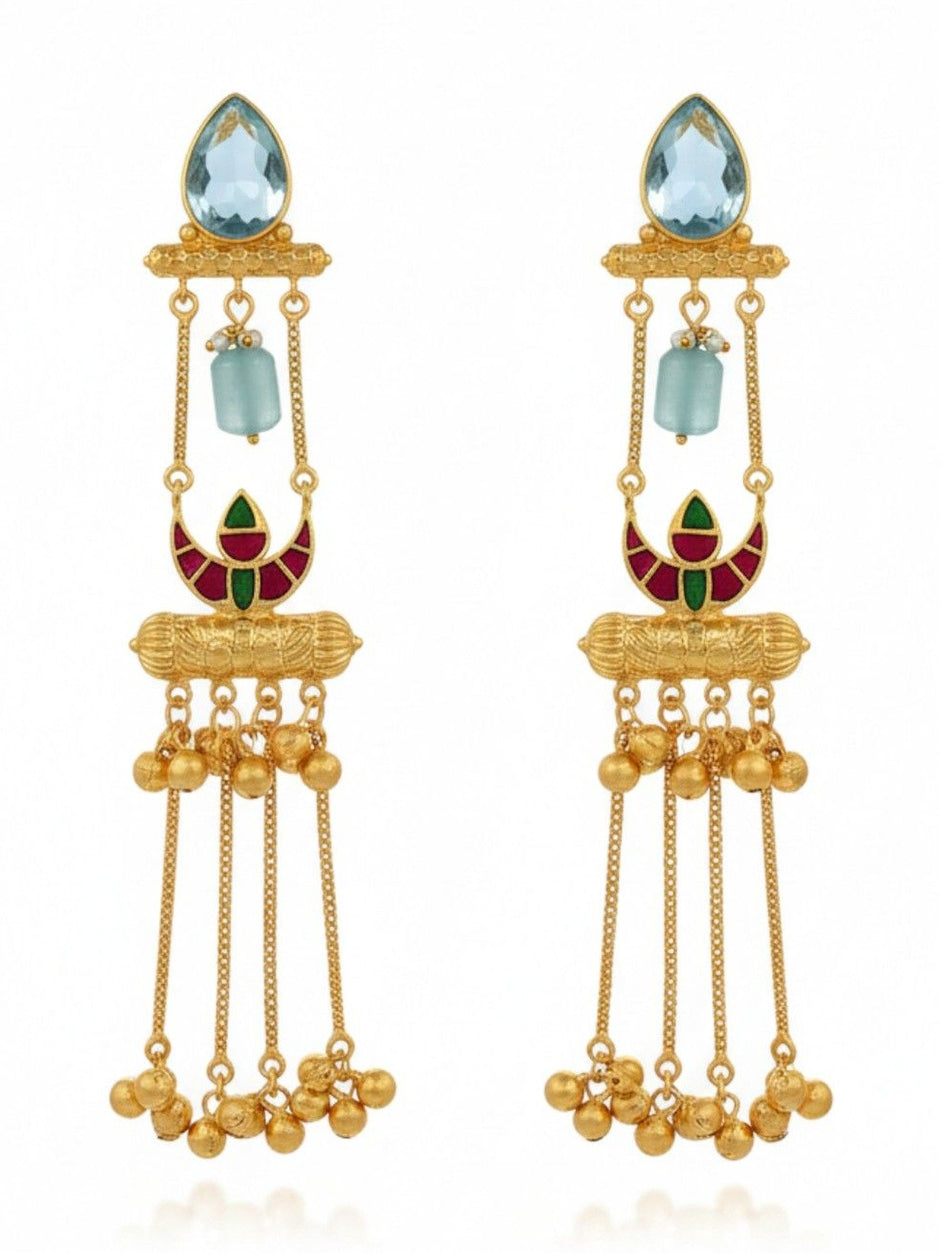 Pair of gold-plated chandelier earrings on white background showing full meenakari crescent motif and dangling ball chains