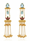 Pair of gold-plated chandelier earrings on white background showing full meenakari crescent motif and dangling ball chains