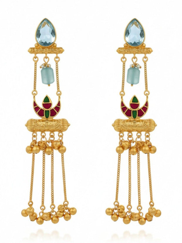 Pair of gold-plated chandelier earrings on white background showing full meenakari crescent motif and dangling ball chains