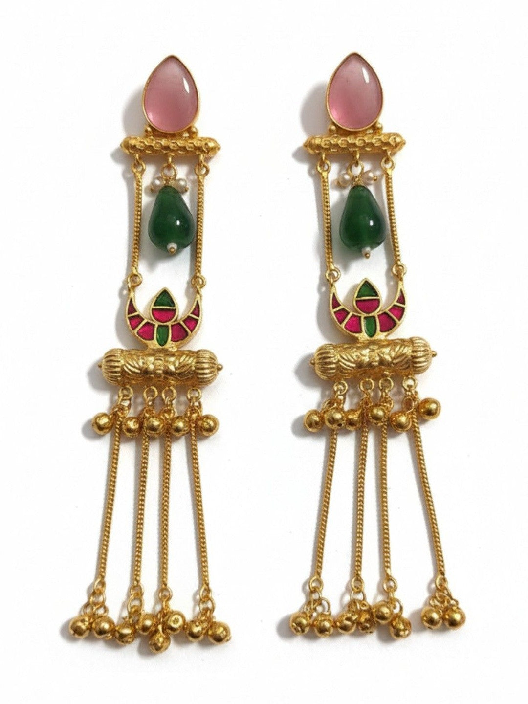 Pair of gold-plated meenakari tassel earrings laid flat on white background showing full design detail