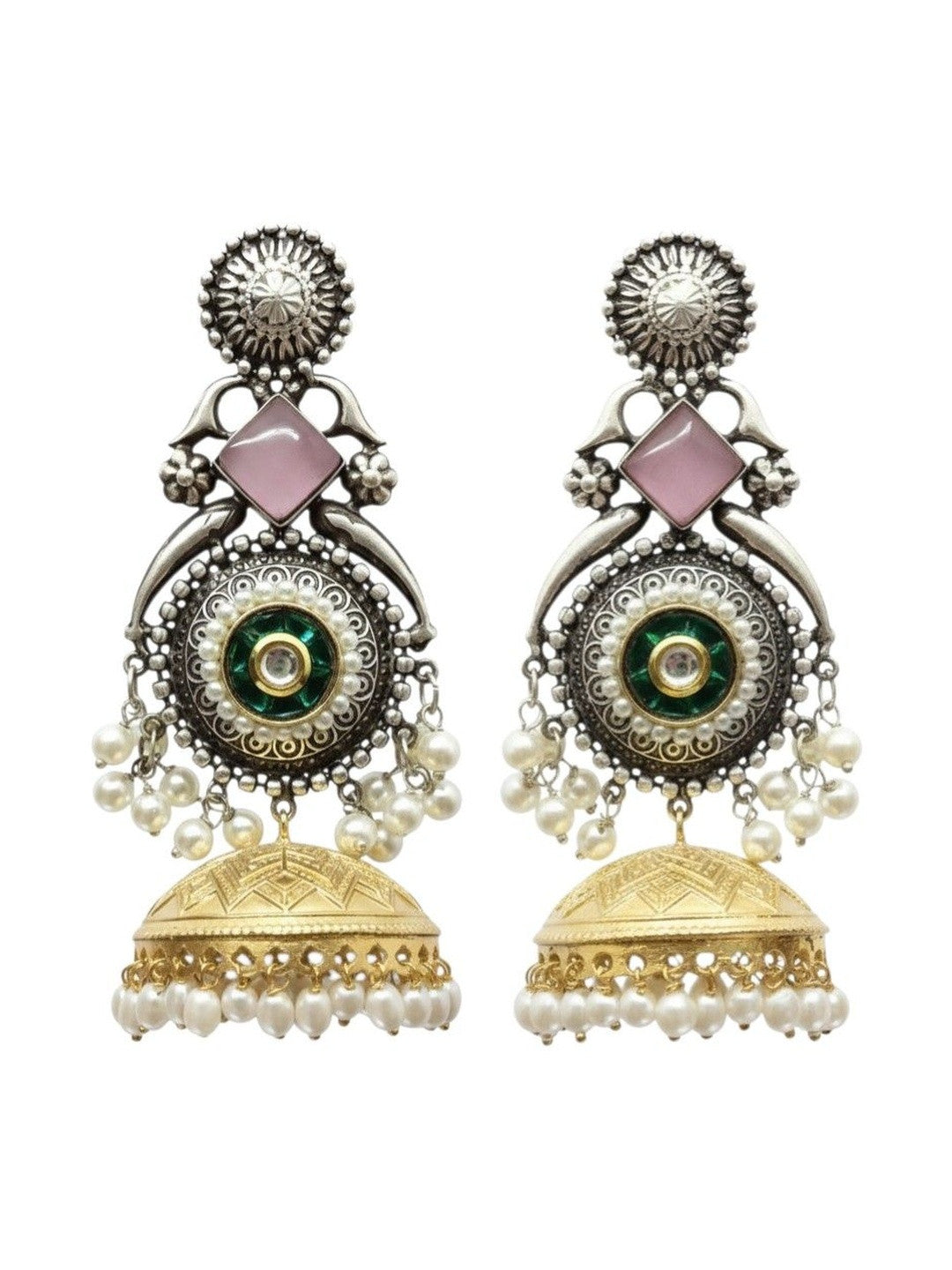 Full-length view of dual-tone kundan jhumka earrings showing filigree disc, pearl drops, and domed gold-tone bell on white background