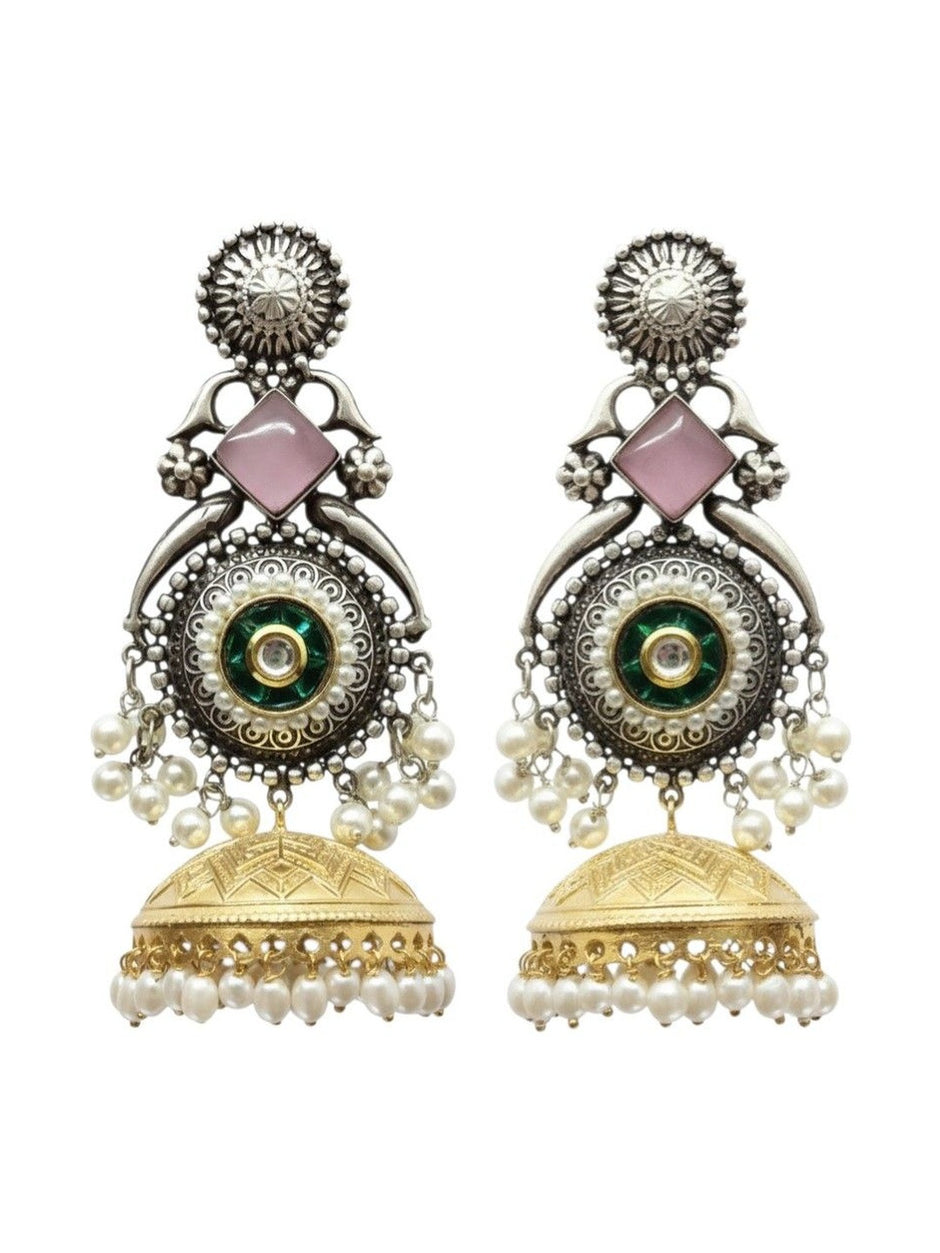 Full-length view of dual-tone kundan jhumka earrings showing filigree disc, pearl drops, and domed gold-tone bell on white background