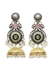 Full-length view of dual-tone kundan jhumka earrings showing filigree disc, pearl drops, and domed gold-tone bell on white background