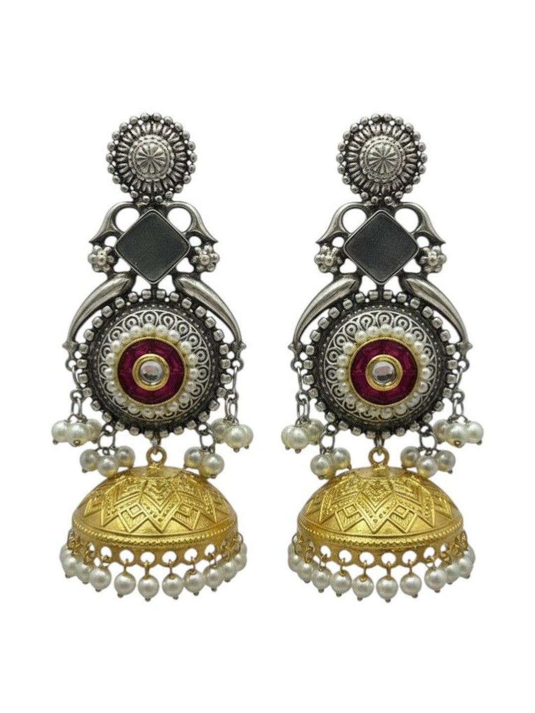 Front view of dual-tone kundan jhumka earrings showing engraved gold dome bell and faux pearl fringe on white background