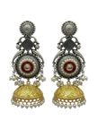Front view of dual-tone kundan jhumka earrings showing engraved gold dome bell and faux pearl fringe on white background