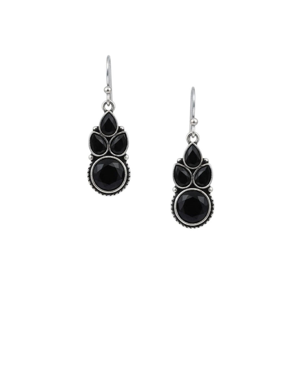 Two black crystal drop earrings with antique silver finish displayed on plain white background