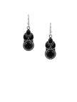 Two black crystal drop earrings with antique silver finish displayed on plain white background
