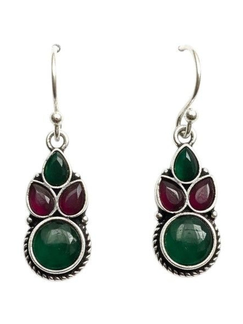 Both oxidised silver drop earrings displayed flat on a white background showing full stone cluster detail