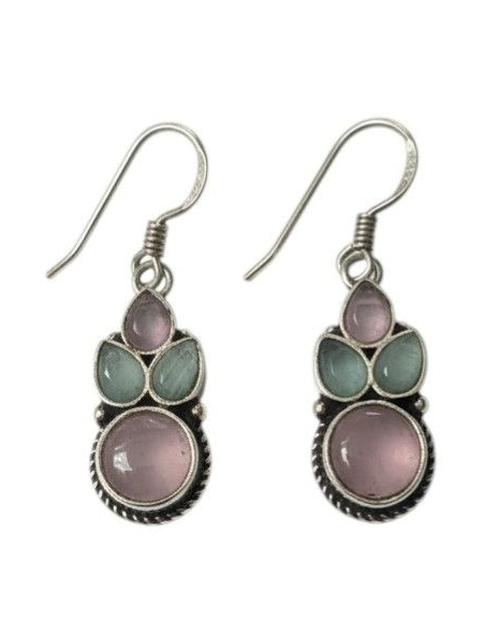 Front view of both oxidised silver drop earrings displaying layered pink and green stone arrangement on white background