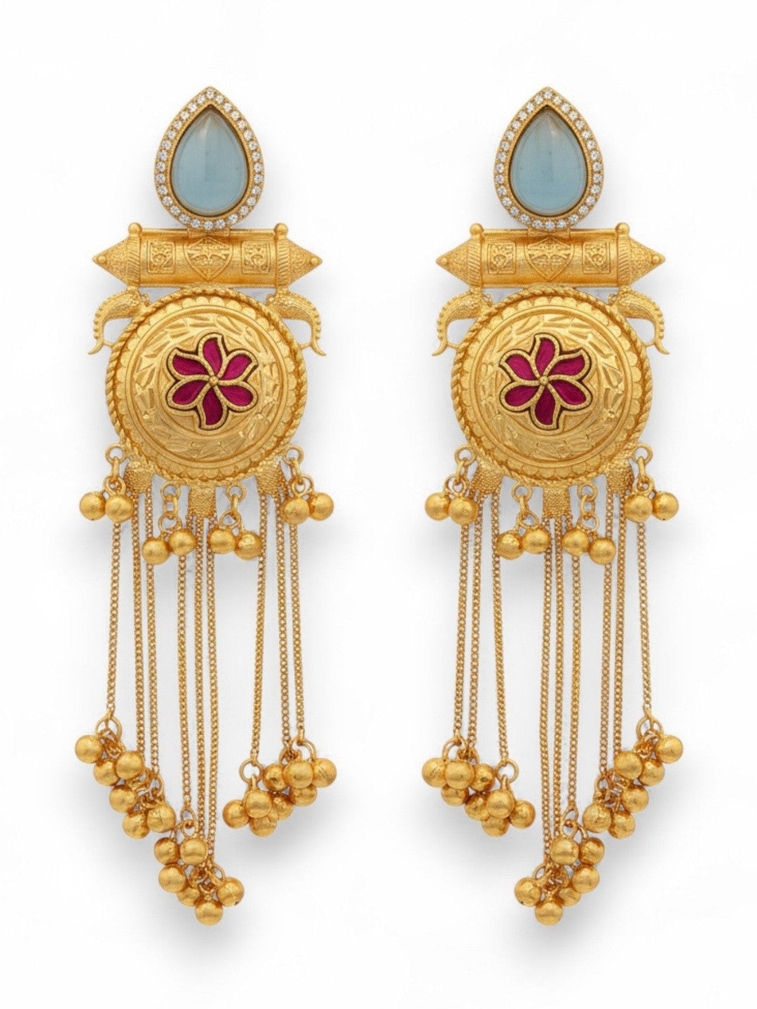Both meenakari chandbali earrings on white background showing full length of engraved disc and ghungroo bead drops