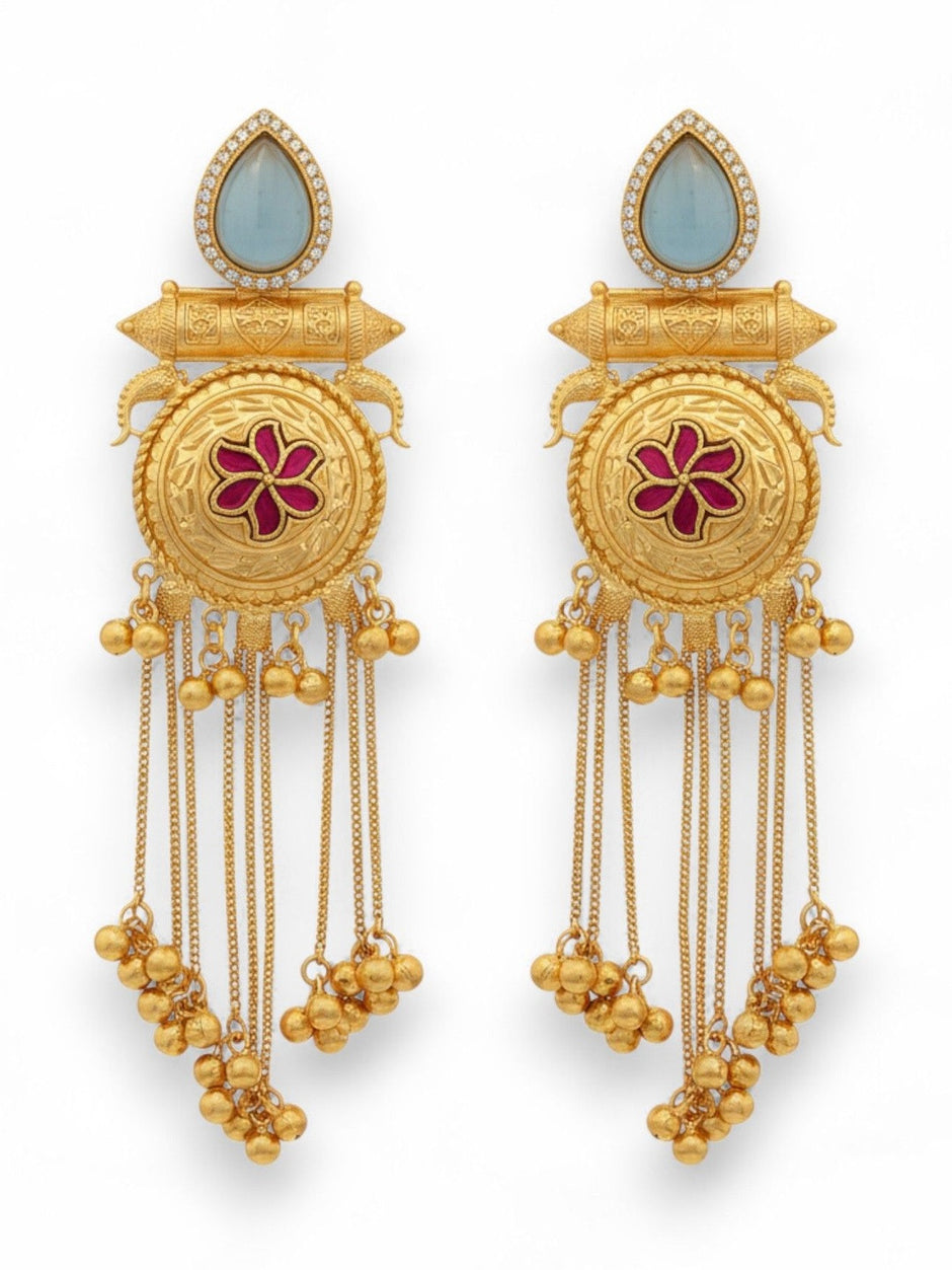 Both meenakari chandbali earrings on white background showing full length of engraved disc and ghungroo bead drops