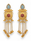 Both meenakari chandbali earrings on white background showing full length of engraved disc and ghungroo bead drops