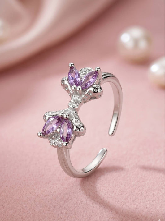 Amethyst Marquis Adjustable Silver Bow Ring