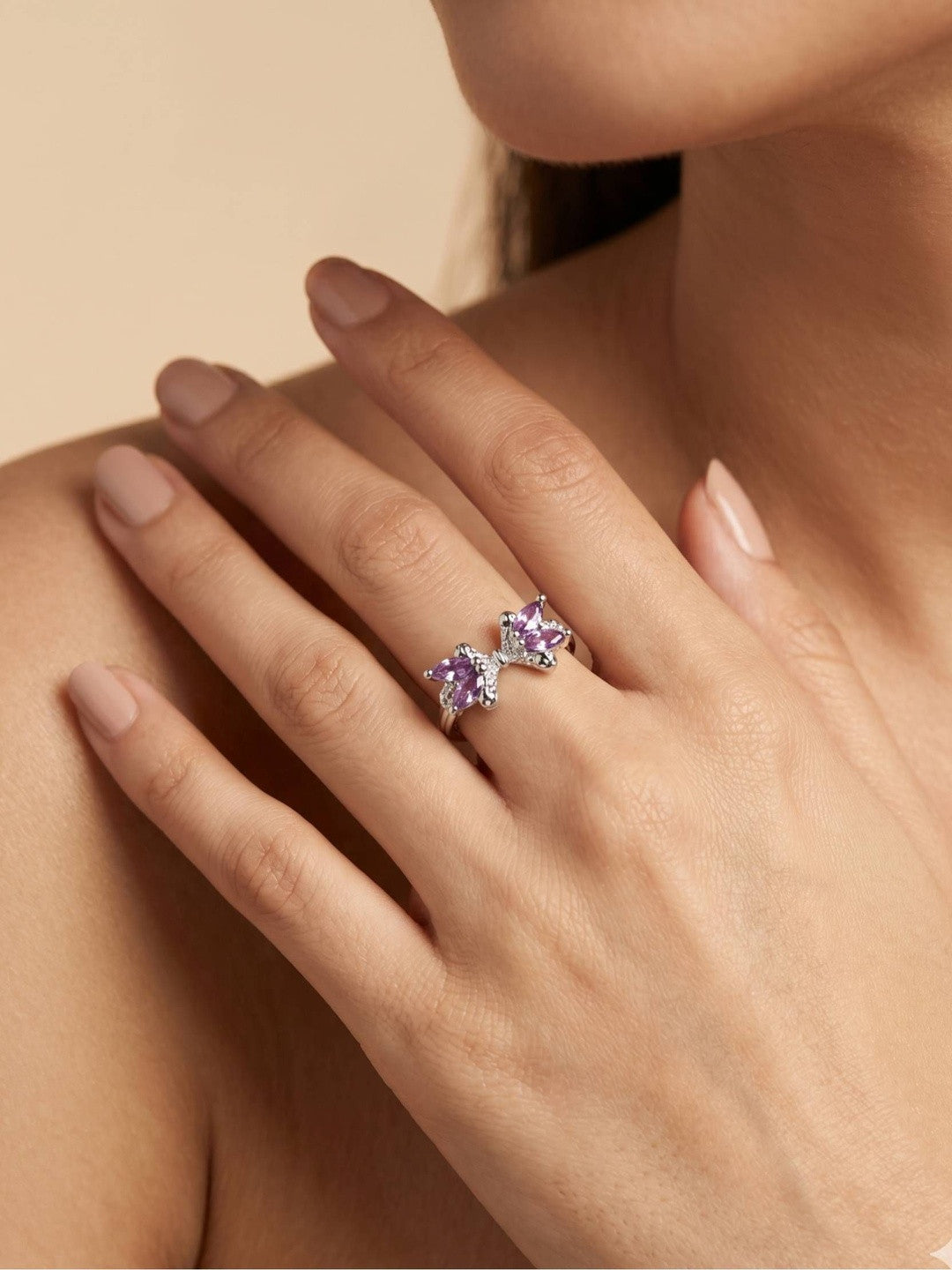 Amethyst Marquis Adjustable Silver Bow Ring