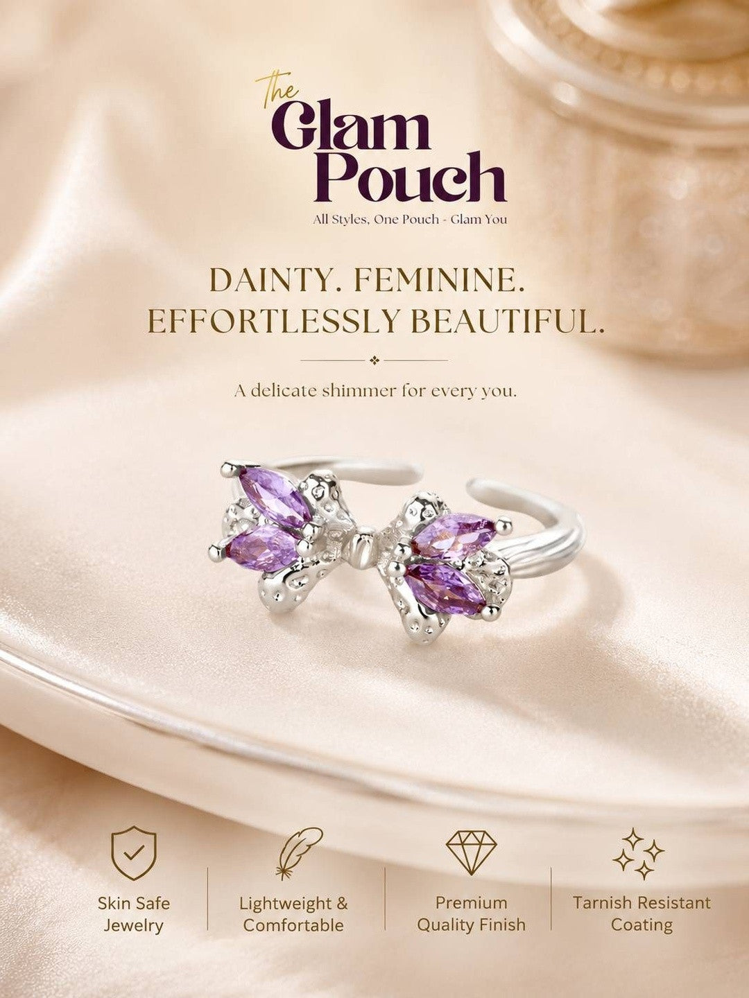 Amethyst Marquis Adjustable Silver Bow Ring
