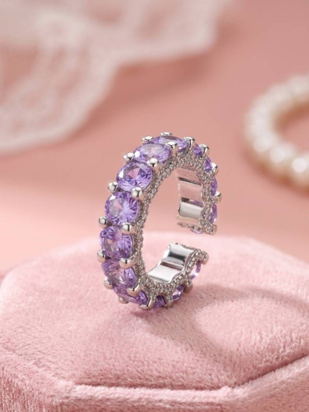 Luxe Amethyst Violet Round Stone Eternity Stackable Silver Band