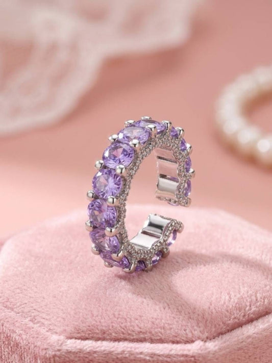 Luxe Amethyst Violet Round Stone Eternity Stackable Silver Band