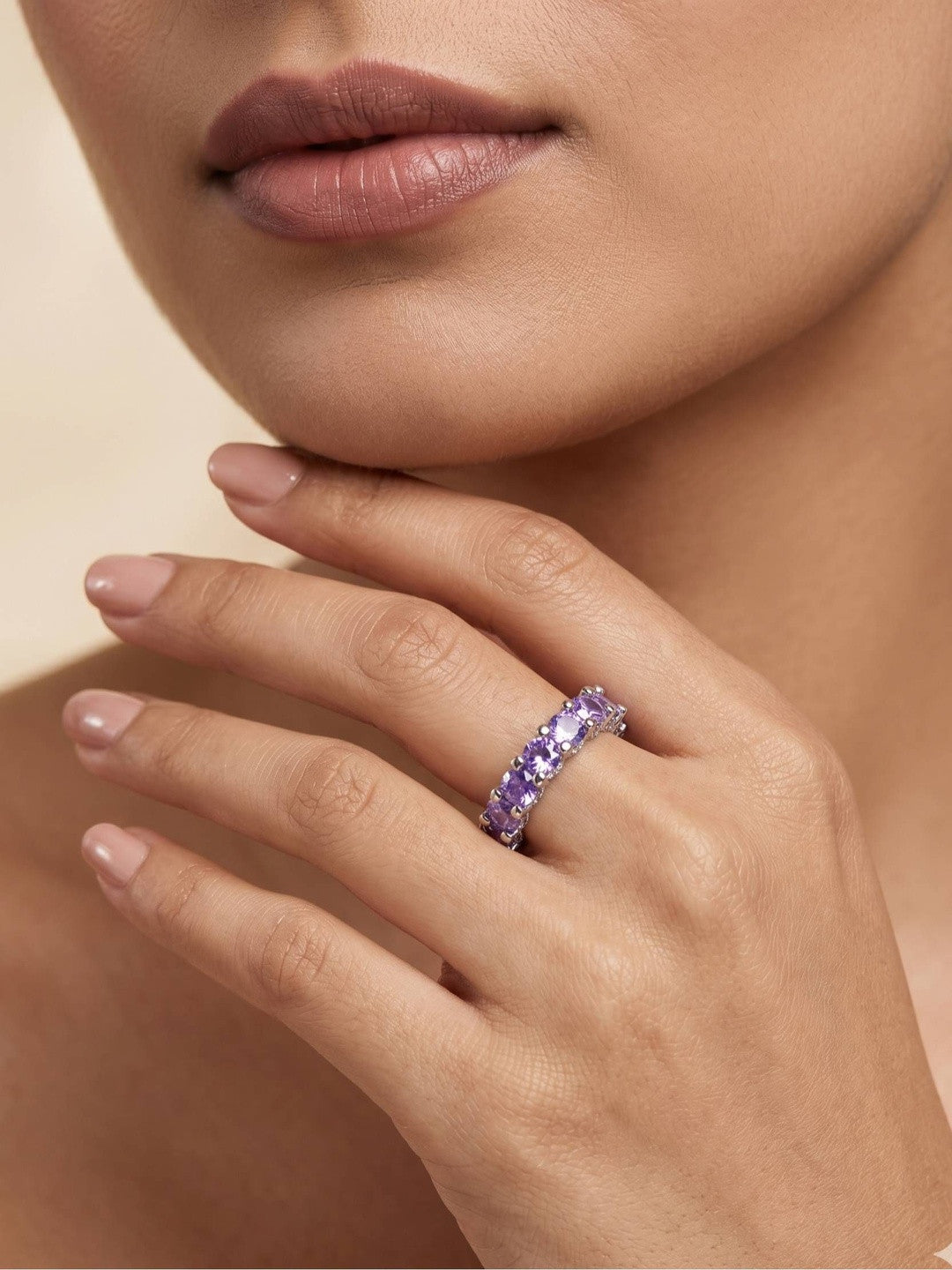 Luxe Amethyst Violet Round Stone Eternity Stackable Silver Band